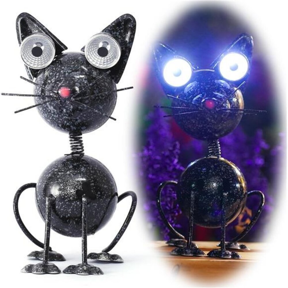 Black Cat Metal Yard Art Statue Light, Garden Black Cat Statue Light Decor